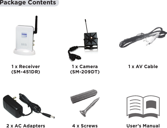 9Package Contents1 x Receiver(SM-451DR)1 x Camera(SM-209DT)2 x AC Adapters 4 x Screws1 x AV CableUser’s Manual