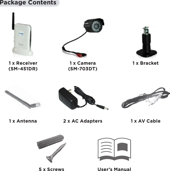 8Package Contents1 x Receiver(SM-451DR)1 x Antenna1 x Camera(SM-703DT)2 x AC Adapters5 x Screws1 x Bracket1 x AV CableUser’s Manual