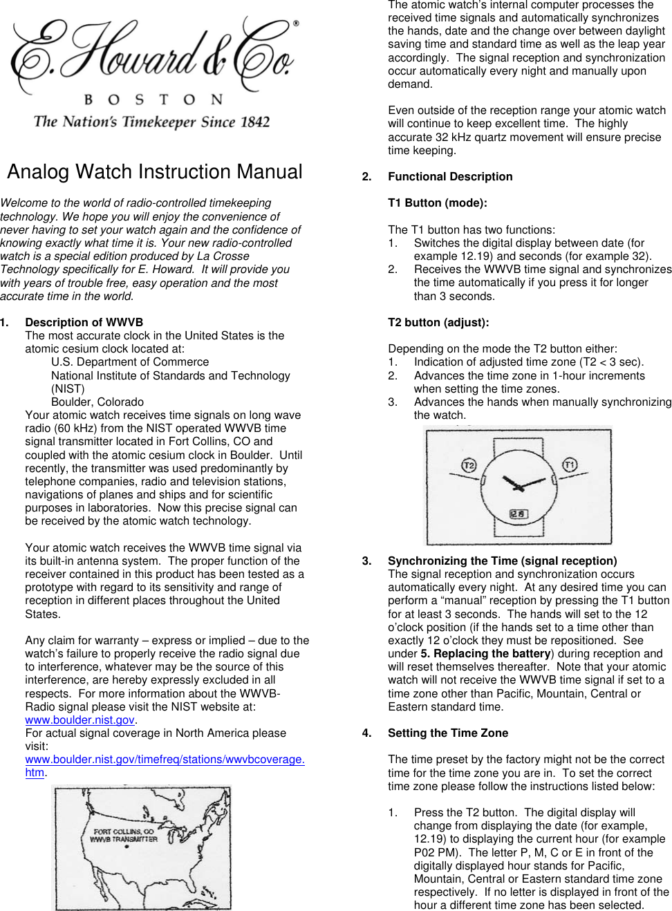 La Crosse Technology Eh 21G Users Manual E. Howard Analog Watch Instruction