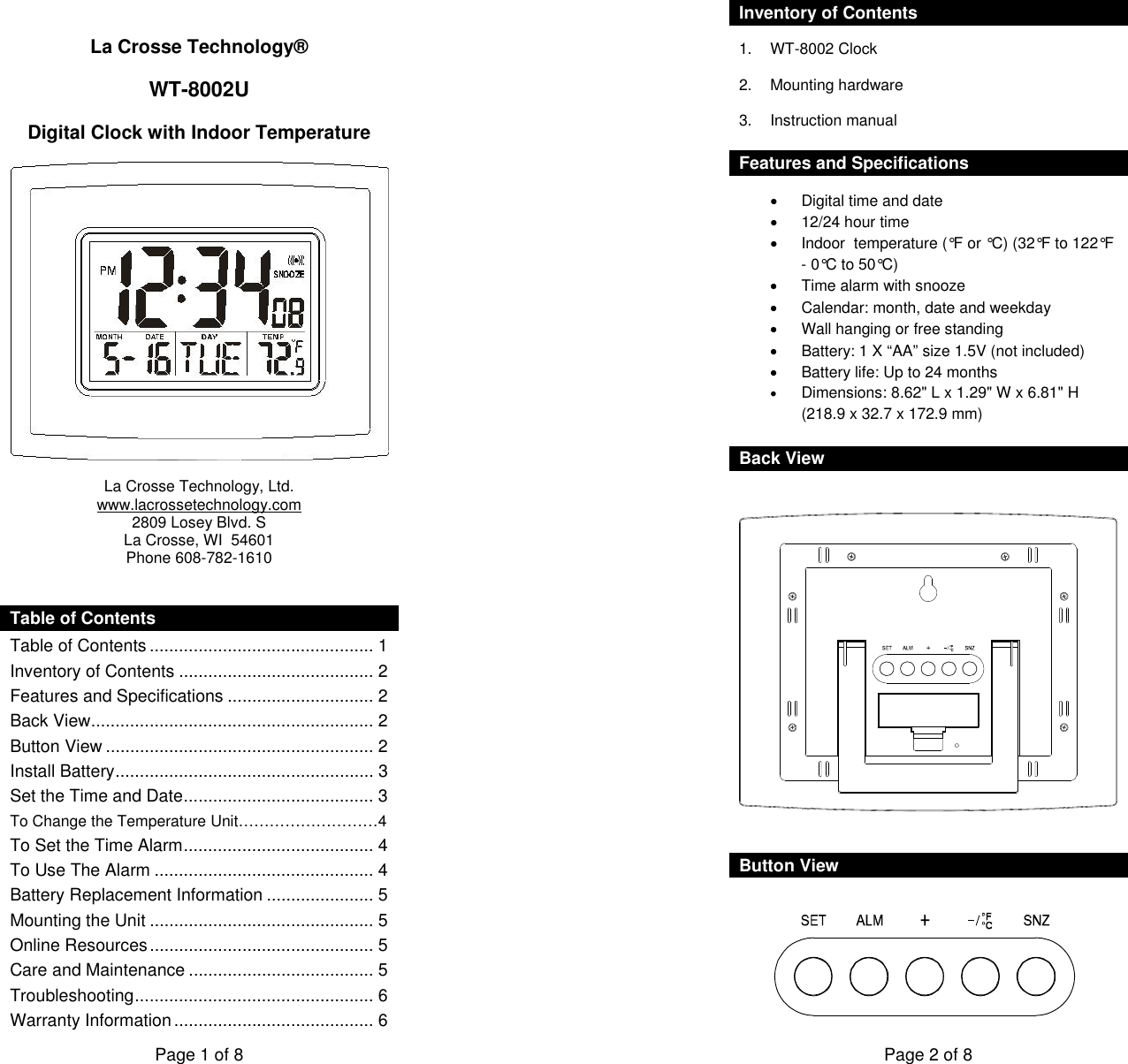 Page 1 of 4 - La-Crosse-Technology La-Crosse-Technology-Wt-8002U-Users-Manual WT-8002 Manual