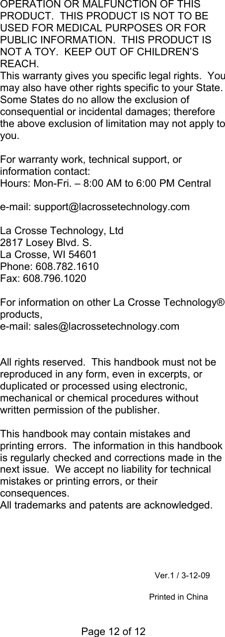 Page 12 of 12 - La-Crosse-Technology La-Crosse-Technology-Wt-8005U-Users-Manual-  La-crosse-technology-wt-8005u-users-manual