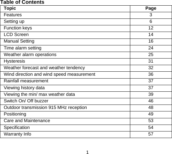  1  Table of Contents Topic Page Features 3 Setting up  6 Function keys  12 LCD Screen  14 Manual Setting  16 Time alarm setting  24 Weather alarm operations  25 Hysteresis 31 Weather forecast and weather tendency   32 Wind direction and wind speed measurement  36 Rainfall measurement  37 Viewing history data  37 Viewing the min/ max weather data  39 Switch On/ Off buzzer  46 Outdoor transmission 915 MHz reception  48 Positioning 49 Care and Maintenance  53 Specification 54 Warranty Info  57 