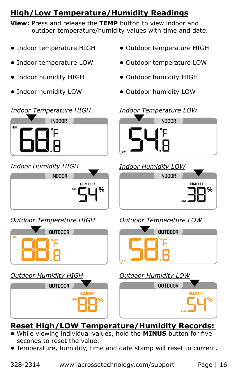 High/Low Temperature/Humidity ReadingsView: Press and release the TEMP button to view indoor and           outdoor temperature/humidity values with time and date.Reset High/LOW Temperature/Humidity Records: • While viewing individual values, hold the MINUS button for ve    seconds to reset the value. • Temperature, humidity, time and date stamp will reset to current.Indoor Temperature HIGH• Indoor temperature HIGH       • Indoor temperature LOW• Indoor humidity HIGH            • Indoor humidity LOW    • Outdoor temperature HIGH       • Outdoor temperature LOW• Outdoor humidity HIGH            • Outdoor humidity LOW    Indoor Humidity HIGHOutdoor Temperature HIGHOutdoor Humidity HIGH328-2314         www.lacrossetechnology.com/support           Page | 16Indoor Temperature LOWIndoor Humidity LOWOutdoor Temperature LOWOutdoor Humidity LOW