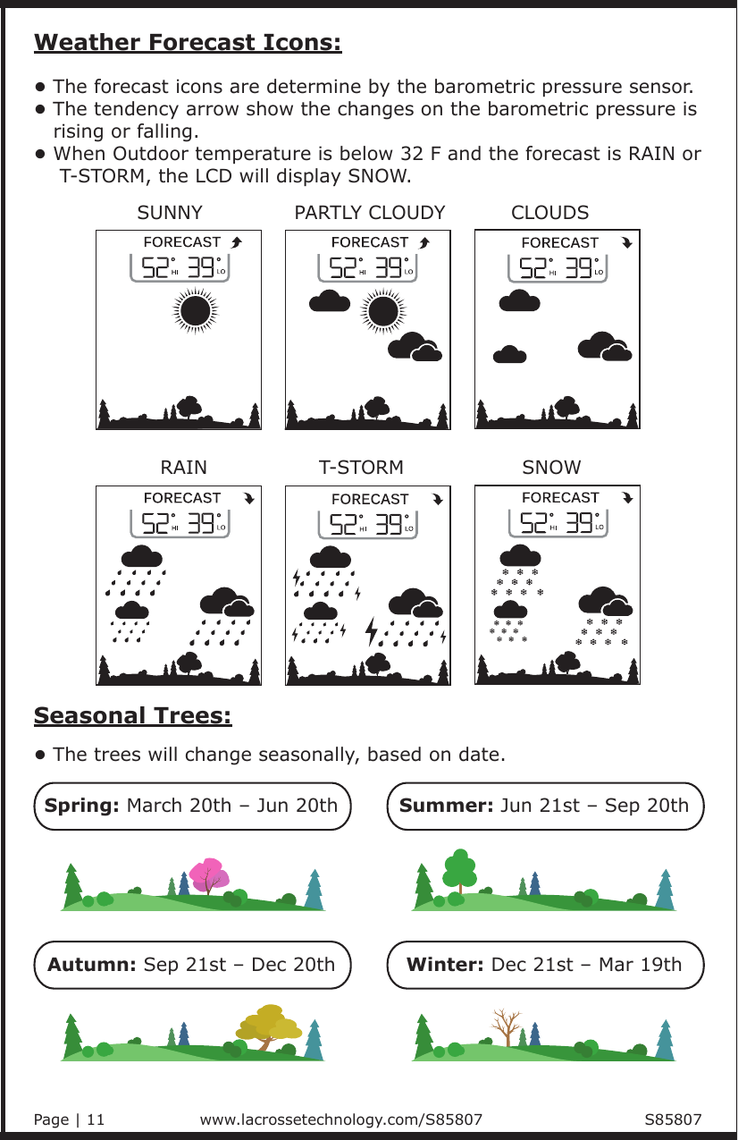 • The forecast icons are determine by the barometric pressure sensor.• The tendency arrow show the changes on the barometric pressure is    rising or falling.• When Outdoor temperature is below 32 F and the forecast is RAIN or     T-STORM, the LCD will display SNOW.Weather Forecast Icons:       SUNNY              PARTLY CLOUDY          CLOUDS          RAIN                 T-STORM                  SNOWSeasonal Trees:• The trees will change seasonally, based on date.Spring: March 20th – Jun 20thSummer: Jun 21st – Sep 20thAutumn: Sep 21st – Dec 20thWinter: Dec 21st – Mar 19thPage | 11                            www.lacrossetechnology.com/S85807                               S85807 