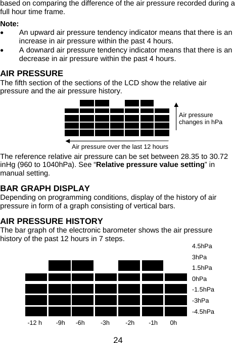  24based on comparing the difference of the air pressure recorded during a full hour time frame.  Note: •  An upward air pressure tendency indicator means that there is an increase in air pressure within the past 4 hours. •  A downard air pressure tendency indicator means that there is an decrease in air pressure within the past 4 hours.  AIR PRESSURE  The fifth section of the sections of the LCD show the relative air pressure and the air pressure history.       The reference relative air pressure can be set between 28.35 to 30.72 inHg (960 to 1040hPa). See “Relative pressure value setting” in manual setting.  BAR GRAPH DISPLAY Depending on programming conditions, display of the history of air pressure in form of a graph consisting of vertical bars.  AIR PRESSURE HISTORY The bar graph of the electronic barometer shows the air pressure history of the past 12 hours in 7 steps.           -12 h        -9h      -6h         -3h         -2h        -1h       0h 4.5hPa   3hPa  1.5hPa  0hPa  -1.5hPa  -3hPa  -4.5hPaAir pressure over the last 12 hours Air pressure changes in hPa