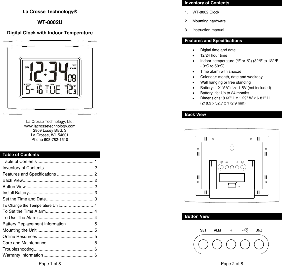 Page 1 of 4 - La-Crosse La-Crosse-Wt-8002U-Instruction-Manual- ManualsLib - Makes It Easy To Find Manuals Online!  La-crosse-wt-8002u-instruction-manual