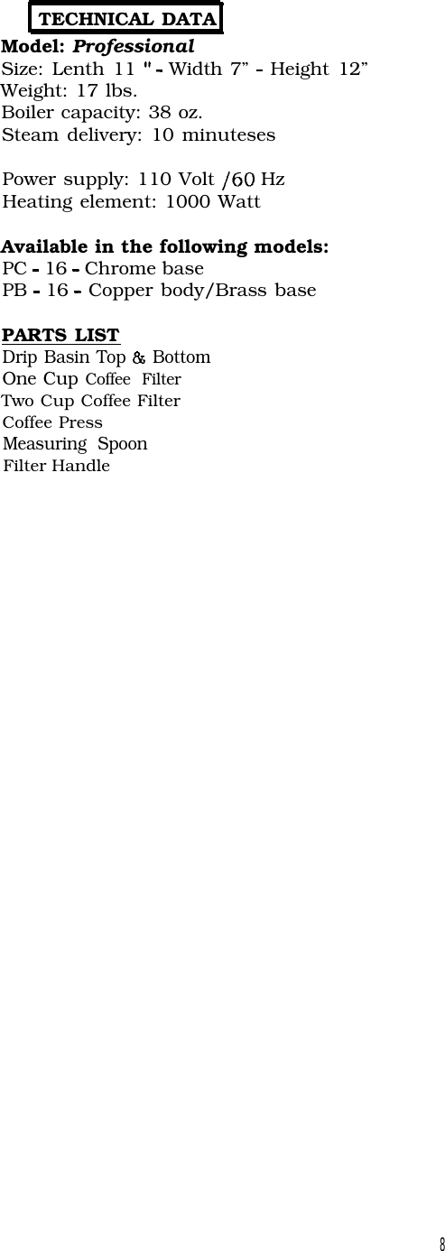 Page 8 of 8 - La-Pavoni La-Pavoni-Pc-16-Users-Manual- Pavoni Professional Manual  La-pavoni-pc-16-users-manual