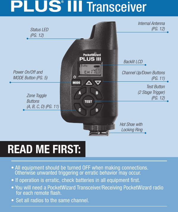 Internal Antenna(PG. 12)Backlit LCDTest Button (2 Stage Trigger)(PG. 12)Power On/Off and MODE Button (PG. 5)Zone Toggle Buttons (A, B, C, D) (PG. 11)Status LED (PG. 12)Channel Up/Down Buttons(PG. 11)Hot Shoe with Locking RingREAD ME FIRST:Transceiver• All equipment should be turned OFF when making connections.    Otherwise unwanted triggering or erratic behavior may occur.• If operation is erratic, check batteries in all equipment rst. • You will need a PocketWizard Transceiver/Receiving PocketWizard radio    for each remote ash.•  Set all radios to the same channel.