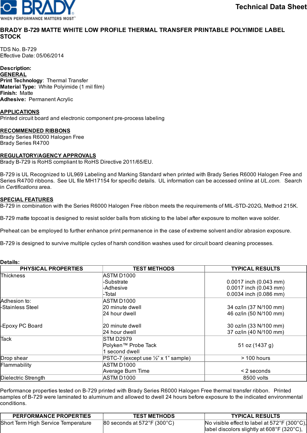 LabelZone Brady B 729 Material Data Sheet User Manual