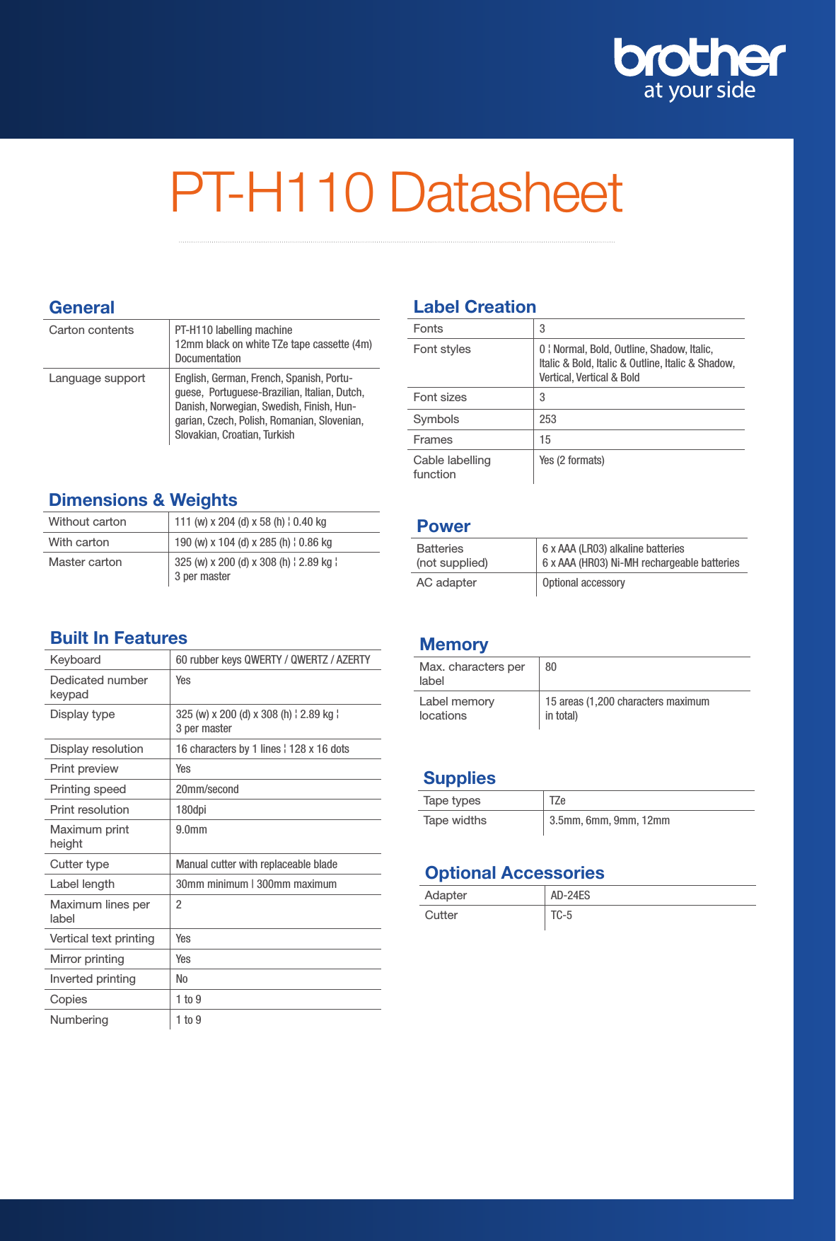 Page 2 of 2 - LabelZone Brother Pt-H110 Datasheet User Manual