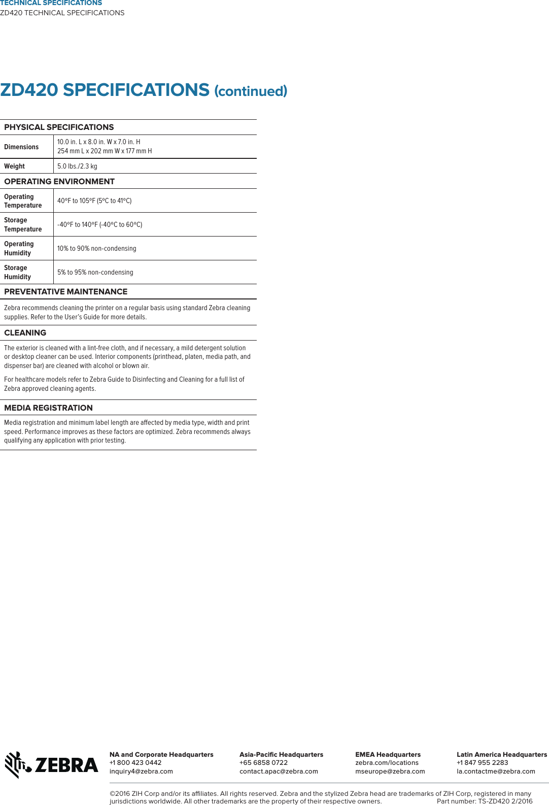 Page 3 of 3 - LabelZone Zebra Zd420-Datasheet-En-Us-2015 ZD420 Technical Specifications User Manual