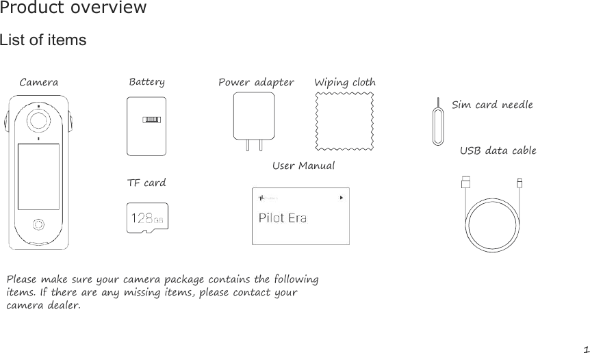 1Product overviewList of itemsCameraBatteryPower adapter Wiping clothSim card needleTF cardUser ManualUSB data cablePlease make sure your camera package contains the followingitems. If there are any missing items, please contact yourcamera dealer.