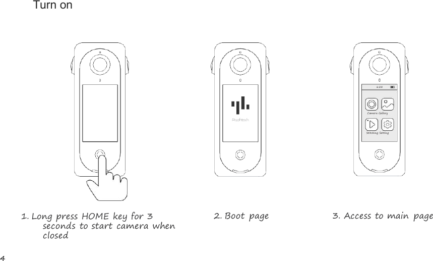 4Turn on1. Long press HOME key for 3seconds to start camera whenclosed2. Boot page 3. Access to main page6:28Camera GalleryStitching Setting