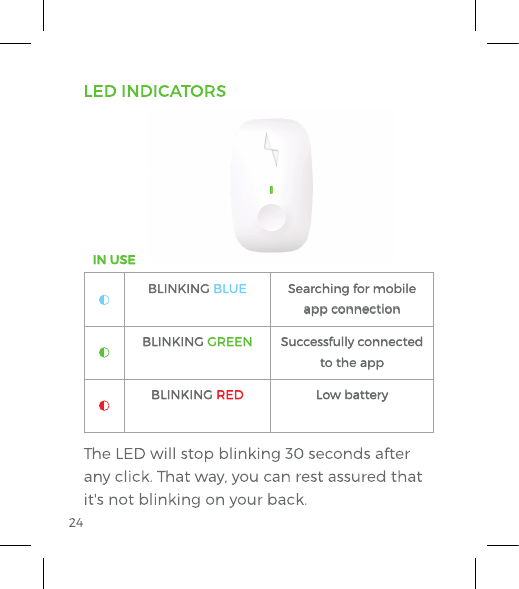 IN USEBLINKING BLUE Searching for mobile app connectionBLINKING GREEN Successfully connected to the appBLINKING RED Low battery