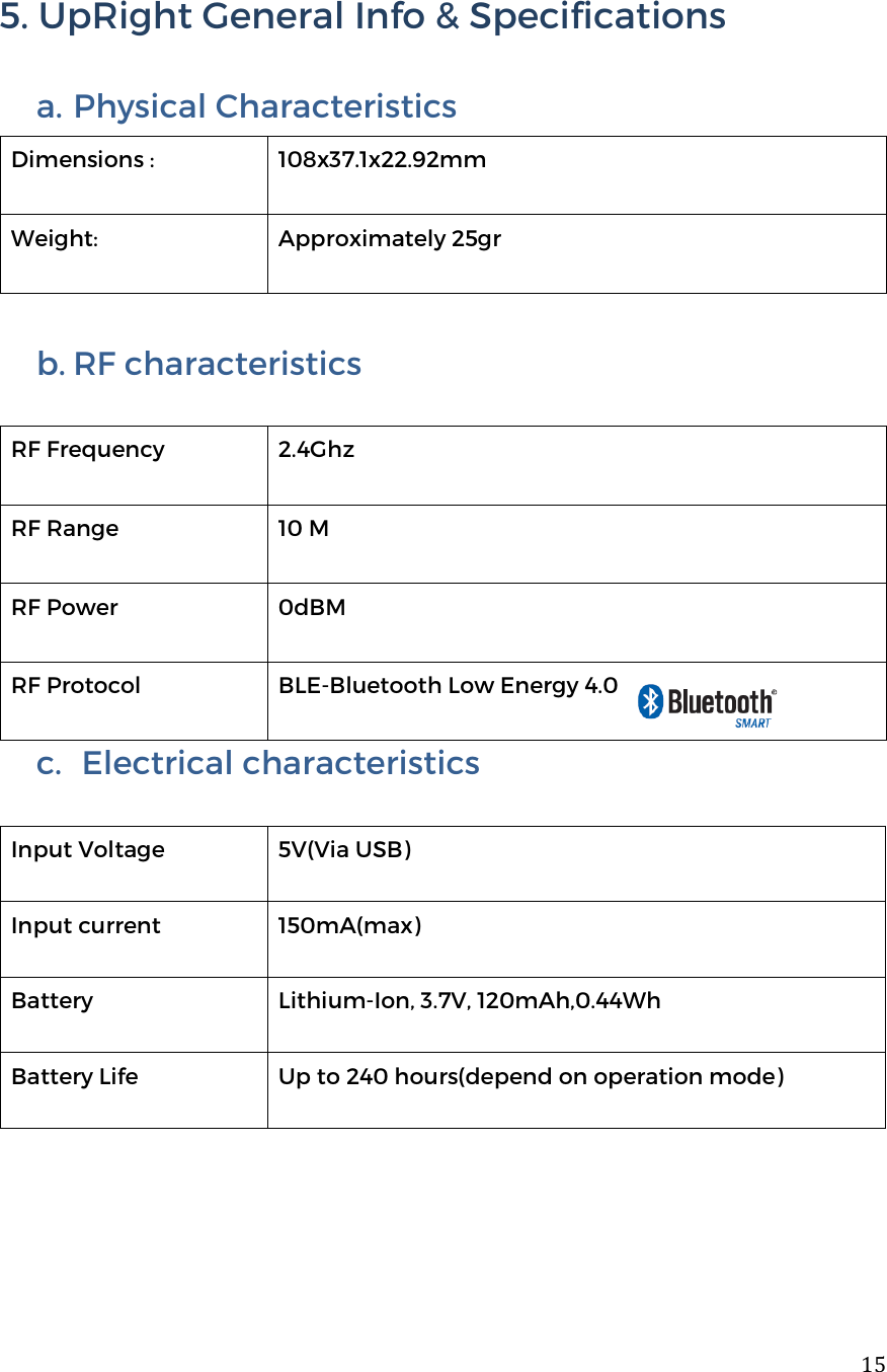  155. UpRight General Info &amp; Specifications  a. Physical Characteristics  b. RF characteristics  c.  Electrical characteristics  Input Voltage 5V(Via USB) Input current 150mA(max) Battery Lithium-Ion, 3.7V, 120mAh,0.44Wh Battery Life Up to 240 hours(depend on operation mode)   Dimensions : 108x37.1x22.92mm Weight: Approximately 25gr RF Frequency 2.4Ghz RF Range 10 M RF Power 0dBM RF Protocol BLE-Bluetooth Low Energy 4.0      