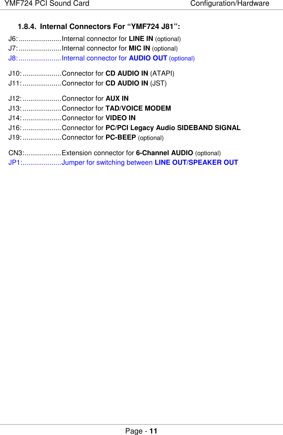 YMF724 PCI Sound Card Configuration/HardwarePage - 111.8.4.  Internal Connectors For “YMF724 J81”:J6:......................Internal connector for LINE IN (optional)J7:......................Internal connector for MIC IN (optional)J8:......................Internal connector for AUDIO OUT (optional)J10:....................Connector for CD AUDIO IN (ATAPI)J11:....................Connector for CD AUDIO IN (JST)J12:....................Connector for AUX INJ13:....................Connector for TAD/VOICE MODEMJ14:....................Connector for VIDEO INJ16:....................Connector for PC/PCI Legacy Audio SIDEBAND SIGNALJ19:....................Connector for PC-BEEP (optional)CN3:...................Extension connector for 6-Channel AUDIO (optional)JP1:....................Jumper for switching between LINE OUT/SPEAKER OUT