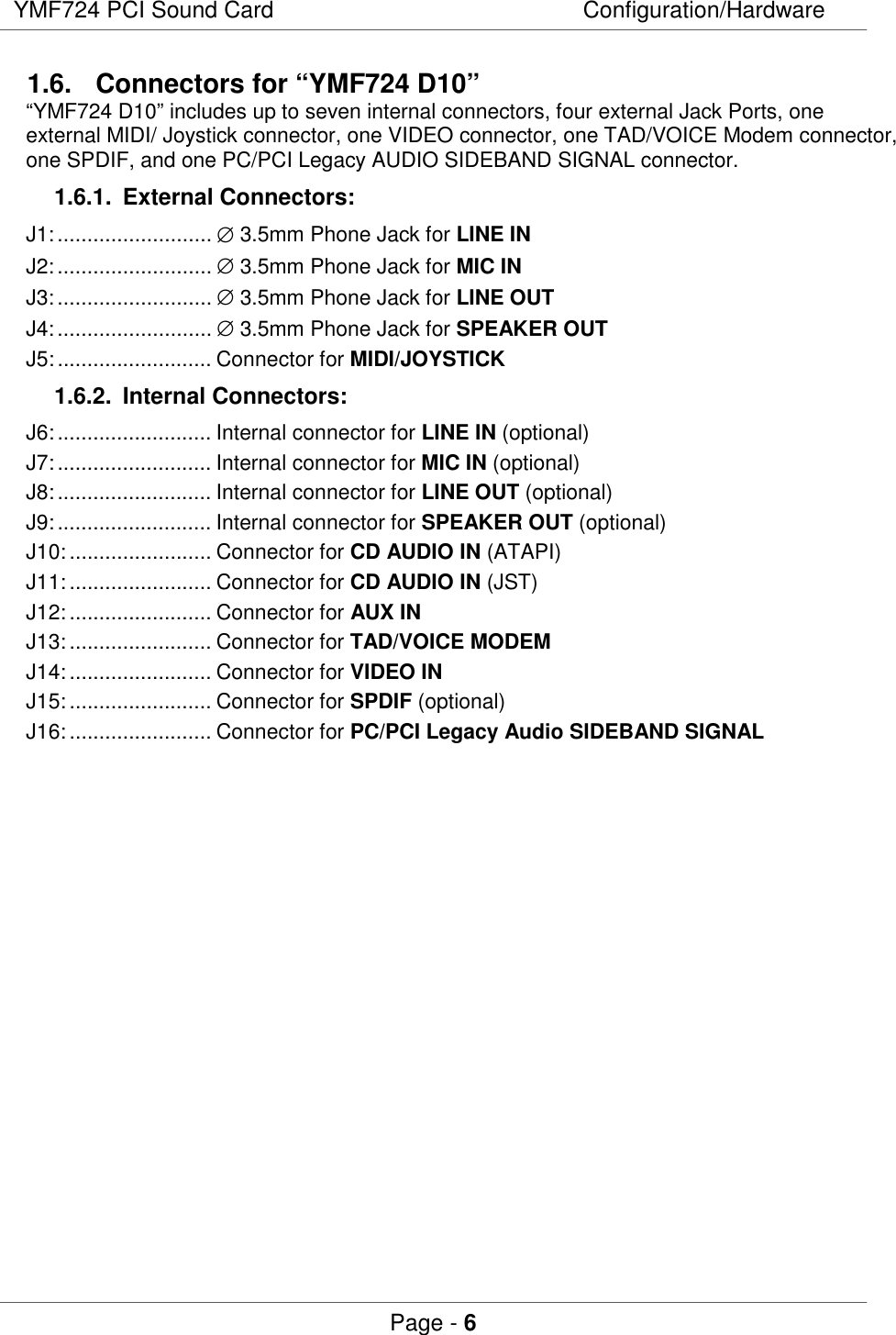 YMF724 PCI Sound Card Configuration/HardwarePage - 61.6.  Connectors for “YMF724 D10”“YMF724 D10” includes up to seven internal connectors, four external Jack Ports, oneexternal MIDI/ Joystick connector, one VIDEO connector, one TAD/VOICE Modem connector,one SPDIF, and one PC/PCI Legacy AUDIO SIDEBAND SIGNAL connector.1.6.1. External Connectors:J1:.......................... ∅ 3.5mm Phone Jack for LINE INJ2:.......................... ∅ 3.5mm Phone Jack for MIC INJ3:.......................... ∅ 3.5mm Phone Jack for LINE OUTJ4:.......................... ∅ 3.5mm Phone Jack for SPEAKER OUTJ5:.......................... Connector for MIDI/JOYSTICK1.6.2. Internal Connectors:J6:.......................... Internal connector for LINE IN (optional)J7:.......................... Internal connector for MIC IN (optional)J8:.......................... Internal connector for LINE OUT (optional)J9:.......................... Internal connector for SPEAKER OUT (optional)J10:........................ Connector for CD AUDIO IN (ATAPI)J11:........................ Connector for CD AUDIO IN (JST)J12:........................ Connector for AUX INJ13:........................ Connector for TAD/VOICE MODEMJ14:........................ Connector for VIDEO INJ15:........................ Connector for SPDIF (optional)J16:........................ Connector for PC/PCI Legacy Audio SIDEBAND SIGNAL