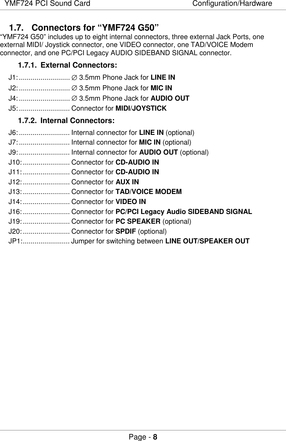 YMF724 PCI Sound Card Configuration/HardwarePage - 81.7.  Connectors for “YMF724 G50”“YMF724 G50” includes up to eight internal connectors, three external Jack Ports, oneexternal MIDI/ Joystick connector, one VIDEO connector, one TAD/VOICE Modemconnector, and one PC/PCI Legacy AUDIO SIDEBAND SIGNAL connector.1.7.1. External Connectors:J1:.......................... ∅ 3.5mm Phone Jack for LINE INJ2:.......................... ∅ 3.5mm Phone Jack for MIC INJ4:.......................... ∅ 3.5mm Phone Jack for AUDIO OUTJ5:.......................... Connector for MIDI/JOYSTICK1.7.2. Internal Connectors:J6:.......................... Internal connector for LINE IN (optional)J7:.......................... Internal connector for MIC IN (optional)J9:.......................... Internal connector for AUDIO OUT (optional)J10:........................ Connector for CD-AUDIO INJ11:........................ Connector for CD-AUDIO INJ12:........................ Connector for AUX INJ13:........................ Connector for TAD/VOICE MODEMJ14:........................ Connector for VIDEO INJ16:........................ Connector for PC/PCI Legacy Audio SIDEBAND SIGNALJ19:........................ Connector for PC SPEAKER (optional)J20:........................ Connector for SPDIF (optional)JP1:........................ Jumper for switching between LINE OUT/SPEAKER OUT