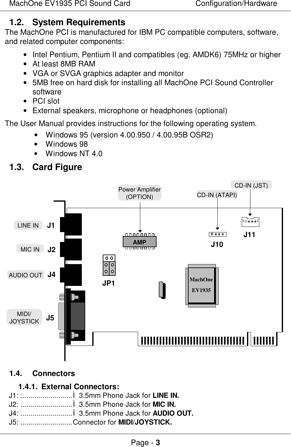 MachOne EV1935 PCI Sound CardConfiguration/HardwarePage - 3 1.2. System Requirements The MachOne PCI is manufactured for IBM PC compatible computers, software,and related computer components:• Intel Pentium, Pentium II and compatibles (eg. AMDK6) 75MHz or higher• At least 8MB RAM• VGA or SVGA graphics adapter and monitor• 5MB free on hard disk for installing all MachOne PCI Sound Controllersoftware• PCI slot• External speakers, microphone or headphones (optional)The User Manual provides instructions for the following operating system.• Windows 95 (version 4.00.950 / 4.00.95B OSR2)• Windows 98• Windows NT 4.01.3. Card FigurePower Amplifier(OPTION)lllllllllllllllllllllllllllllllllllllllllMIDI/JOYSTICKAUDIO OUTMIC INLINE INMachOneEV1935CD-IN (ATAPI)AMPCD-IN (JST)J1J2J4J5JP1J11J101.4. Connectors1.4.1. External Connectors:J1: ..........................í 3.5mm Phone Jack for LINE IN.J2: ..........................í 3.5mm Phone Jack for MIC IN.J4: ..........................í 3.5mm Phone Jack for AUDIO OUT.J5: ..........................Connector for MIDI/JOYSTICK.