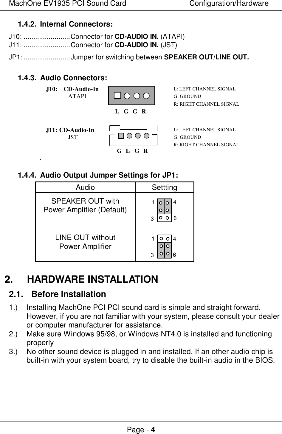 MachOne EV1935 PCI Sound CardConfiguration/HardwarePage - 41.4.2. Internal Connectors:J10: ........................Connector for CD-AUDIO IN. (ATAPI)J11: ........................Connector for CD-AUDIO IN. (JST)JP1:........................Jumper for switching between SPEAKER OUT/LINE OUT.1.4.3. Audio Connectors:.J10: CD-Audio-In L: LEFT CHANNEL SIGNALATAPI G: GROUNDR: RIGHT CHANNEL SIGNALJ11: CD-Audio-In L: LEFT CHANNEL SIGNALJST G: GROUNDR: RIGHT CHANNEL SIGNALGLGRLG G R1.4.4. Audio Output Jumper Settings for JP1:AudioSetttingSPEAKER OUT withPower Amplifier (Default)1436LINE OUT withoutPower Amplifier14362. HARDWARE INSTALLATION2.1. Before Installation1.)Installing MachOne PCI PCI sound card is simple and straight forward.However, if you are not familiar with your system, please consult your dealeror computer manufacturer for assistance.2.)Make sure Windows 95/98, or Windows NT4.0 is installed and functioningproperly3.)No other sound device is plugged in and installed. If an other audio chip isbuilt-in with your system board, try to disable the built-in audio in the BIOS.