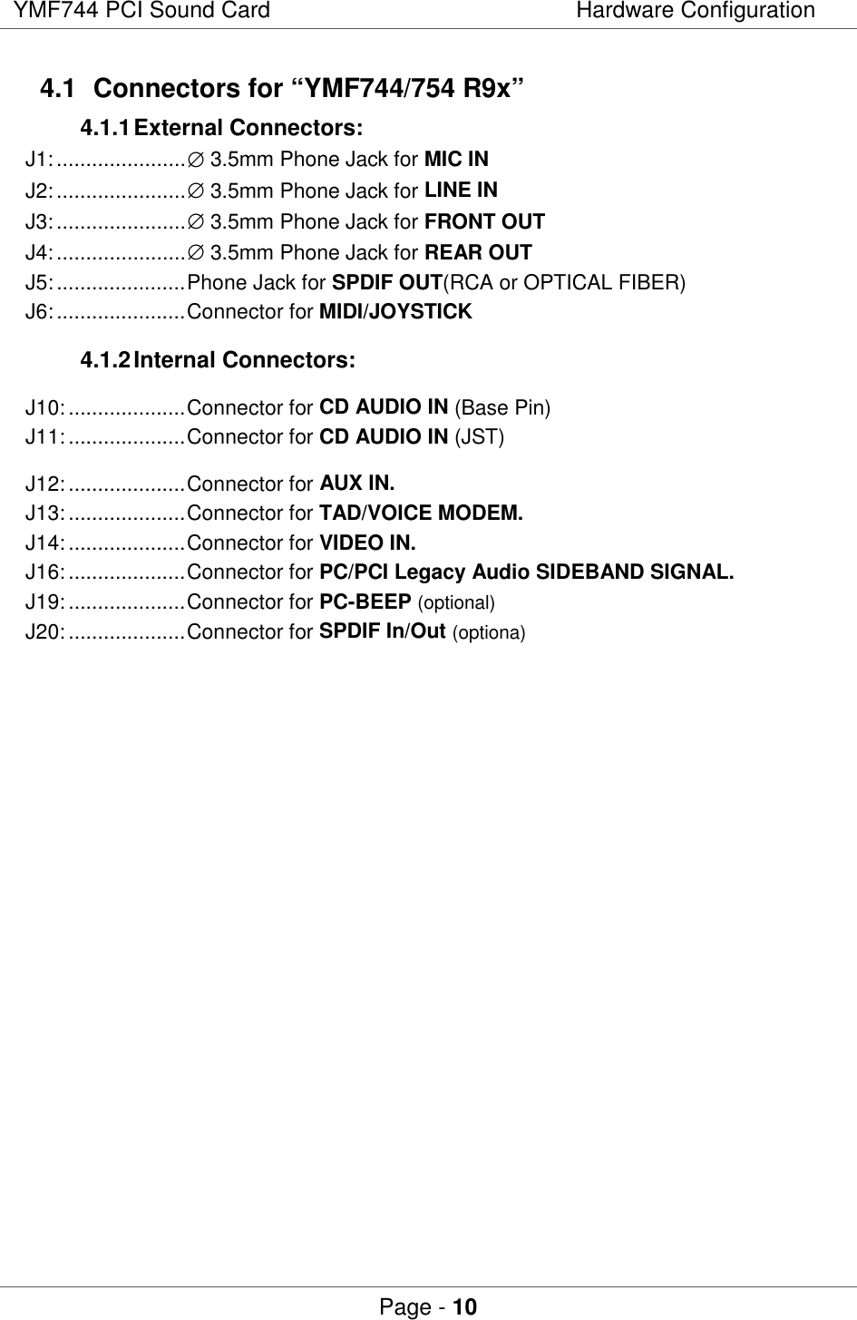 YMF744 PCI Sound Card Hardware ConfigurationPage - 104.1  Connectors for “YMF744/754 R9x”4.1.1 External Connectors:J1:......................∅ 3.5mm Phone Jack for MIC INJ2:......................∅ 3.5mm Phone Jack for LINE INJ3:......................∅ 3.5mm Phone Jack for FRONT OUTJ4:......................∅ 3.5mm Phone Jack for REAR OUTJ5:......................Phone Jack for SPDIF OUT(RCA or OPTICAL FIBER)J6:......................Connector for MIDI/JOYSTICK4.1.2 Internal Connectors:J10:....................Connector for CD AUDIO IN (Base Pin)J11:....................Connector for CD AUDIO IN (JST)J12:....................Connector for AUX IN.J13:....................Connector for TAD/VOICE MODEM.J14:....................Connector for VIDEO IN.J16:....................Connector for PC/PCI Legacy Audio SIDEBAND SIGNAL.J19:....................Connector for PC-BEEP (optional)J20:....................Connector for SPDIF In/Out (optiona)