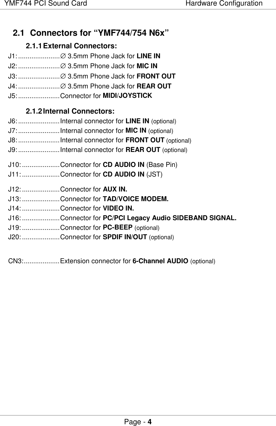 YMF744 PCI Sound Card Hardware ConfigurationPage - 42.1  Connectors for “YMF744/754 N6x”2.1.1 External Connectors:J1:......................∅ 3.5mm Phone Jack for LINE INJ2:......................∅ 3.5mm Phone Jack for MIC INJ3:......................∅ 3.5mm Phone Jack for FRONT OUTJ4:......................∅ 3.5mm Phone Jack for REAR OUTJ5:......................Connector for MIDI/JOYSTICK2.1.2 Internal Connectors:J6:......................Internal connector for LINE IN (optional)J7:......................Internal connector for MIC IN (optional)J8:......................Internal connector for FRONT OUT (optional)J9:......................Internal connector for REAR OUT (optional)J10:....................Connector for CD AUDIO IN (Base Pin)J11:....................Connector for CD AUDIO IN (JST)J12:....................Connector for AUX IN.J13:....................Connector for TAD/VOICE MODEM.J14:....................Connector for VIDEO IN.J16:....................Connector for PC/PCI Legacy Audio SIDEBAND SIGNAL.J19:....................Connector for PC-BEEP (optional)J20:....................Connector for SPDIF IN/OUT (optional)CN3:...................Extension connector for 6-Channel AUDIO (optional)