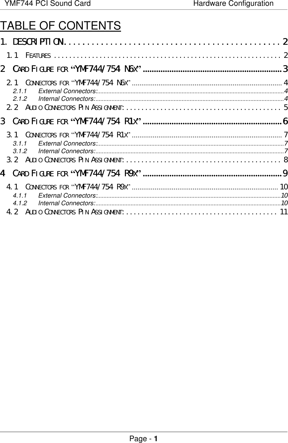 YMF744 PCI Sound Card Hardware ConfigurationPage - 1TABLE OF CONTENTS1.1. DESCRIPTIONDESCRIPTION ..............................................................................................221.1 FEATURES ............................................................ 222 CCARD ARD FFIGURE FOR IGURE FOR “YMF744/754 N6YMF744/754 N6XX”...............................................................332.1 CONNECTORS FOR “YMF744/754 N6X”............................................................................... 42.1.1 External Connectors:.....................................................................................................................42.1.2 Internal Connectors:......................................................................................................................42.2 AUDIO CONNECTORS PIN ASSIGNMENT:......................................... 533 CCARD ARD FFIGURE FOR IGURE FOR “YMF744/754 R1YMF744/754 R1XX”...............................................................663.1 CONNECTORS FOR “YMF744/754 R1X”............................................................................... 73.1.1 External Connectors:.....................................................................................................................73.1.2 Internal Connectors:......................................................................................................................73.2 AUDIO CONNECTORS PIN ASSIGNMENT:......................................... 844 CCARD ARD FFIGURE FOR IGURE FOR “YMF744/754 R9YMF744/754 R9XX”...............................................................994.1 CONNECTORS FOR “YMF744/754 R9X”............................................................................. 104.1.1 External Connectors:...................................................................................................................104.1.2 Internal Connectors:....................................................................................................................104.2 AUDIO CONNECTORS PIN ASSIGNMENT:........................................ 11