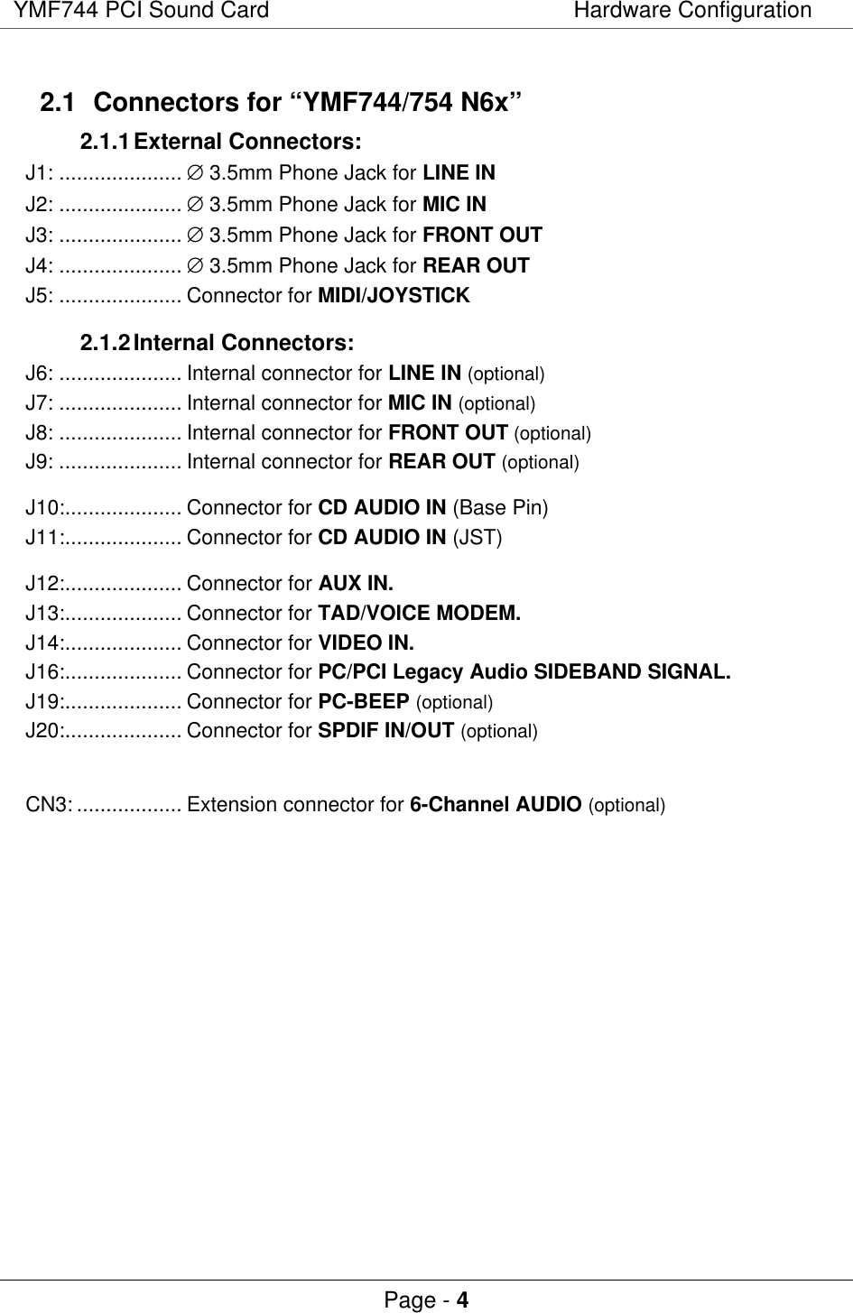 YMF744 PCI Sound Card Hardware ConfigurationPage - 42.1 Connectors for “YMF744/754 N6x”2.1.1 External Connectors:J1: ..................... ∅ 3.5mm Phone Jack for LINE INJ2: ..................... ∅ 3.5mm Phone Jack for MIC INJ3: ..................... ∅ 3.5mm Phone Jack for FRONT OUTJ4: ..................... ∅ 3.5mm Phone Jack for REAR OUTJ5: ..................... Connector for MIDI/JOYSTICK2.1.2 Internal Connectors:J6: ..................... Internal connector for LINE IN (optional)J7: ..................... Internal connector for MIC IN (optional)J8: ..................... Internal connector for FRONT OUT (optional)J9: ..................... Internal connector for REAR OUT (optional)J10:.................... Connector for CD AUDIO IN (Base Pin)J11:.................... Connector for CD AUDIO IN (JST)J12:.................... Connector for AUX IN.J13:.................... Connector for TAD/VOICE MODEM.J14:.................... Connector for VIDEO IN.J16:.................... Connector for PC/PCI Legacy Audio SIDEBAND SIGNAL.J19:.................... Connector for PC-BEEP (optional)J20:.................... Connector for SPDIF IN/OUT (optional)CN3: .................. Extension connector for 6-Channel AUDIO (optional)