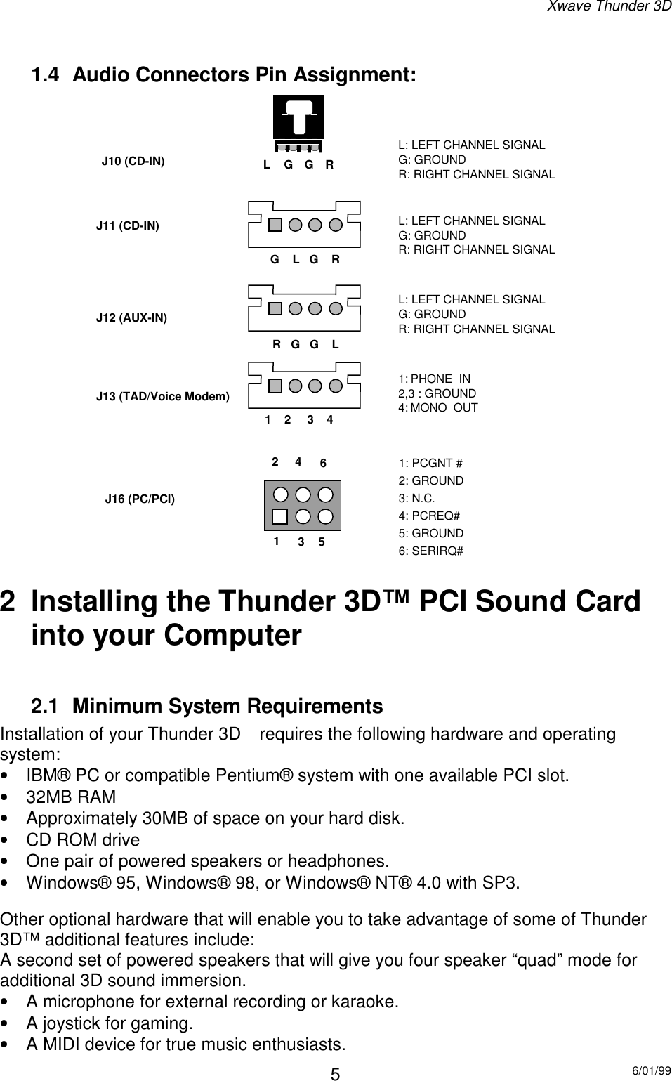 Xwave Thunder 3D6/01/9951.4  Audio Connectors Pin Assignment:L: LEFT CHANNEL SIGNALG: GROUNDR: RIGHT CHANNEL SIGNALL: LEFT CHANNEL SIGNALG: GROUNDR: RIGHT CHANNEL SIGNALG    L   G    RR   G   G    LL: LEFT CHANNEL SIGNALG: GROUNDR: RIGHT CHANNEL SIGNAL1    2     3    41: PHONE  IN2,3 : GROUND4: MONO  OUTJ10 (CD-IN)J11 (CD-IN)J12 (AUX-IN)J13 (TAD/Voice Modem)1352461: PCGNT #2: GROUND3: N.C.4: PCREQ#5: GROUND6: SERIRQ#J16 (PC/PCI)LGGR2  Installing the Thunder 3D™ PCI Sound Cardinto your Computer2.1  Minimum System RequirementsInstallation of your Thunder 3D  requires the following hardware and operatingsystem:•  IBM® PC or compatible Pentium® system with one available PCI slot.• 32MB RAM•  Approximately 30MB of space on your hard disk.•  CD ROM drive•  One pair of powered speakers or headphones.•  Windows® 95, Windows® 98, or Windows® NT® 4.0 with SP3.Other optional hardware that will enable you to take advantage of some of Thunder3D™ additional features include:A second set of powered speakers that will give you four speaker “quad” mode foradditional 3D sound immersion.•  A microphone for external recording or karaoke.•  A joystick for gaming.•  A MIDI device for true music enthusiasts.