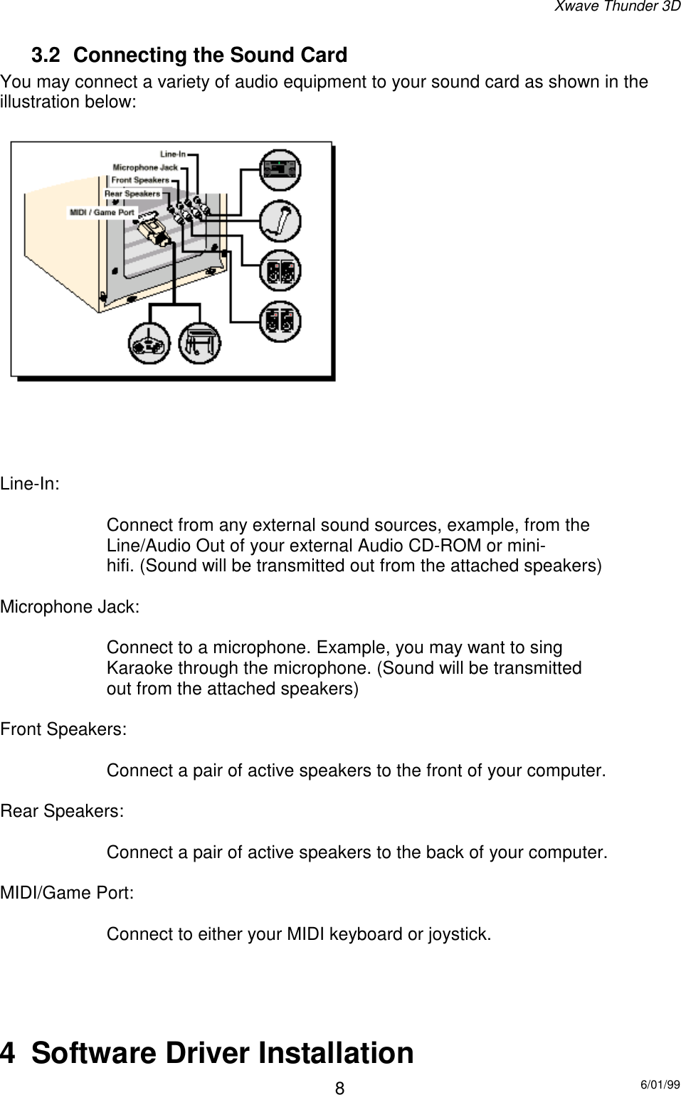 Xwave Thunder 3D6/01/9983.2  Connecting the Sound CardYou may connect a variety of audio equipment to your sound card as shown in theillustration below:Line-In: Connect from any external sound sources, example, from theLine/Audio Out of your external Audio CD-ROM or mini-hifi. (Sound will be transmitted out from the attached speakers)Microphone Jack:Connect to a microphone. Example, you may want to singKaraoke through the microphone. (Sound will be transmittedout from the attached speakers)Front Speakers:Connect a pair of active speakers to the front of your computer.Rear Speakers:Connect a pair of active speakers to the back of your computer.MIDI/Game Port:Connect to either your MIDI keyboard or joystick.4  Software Driver Installation