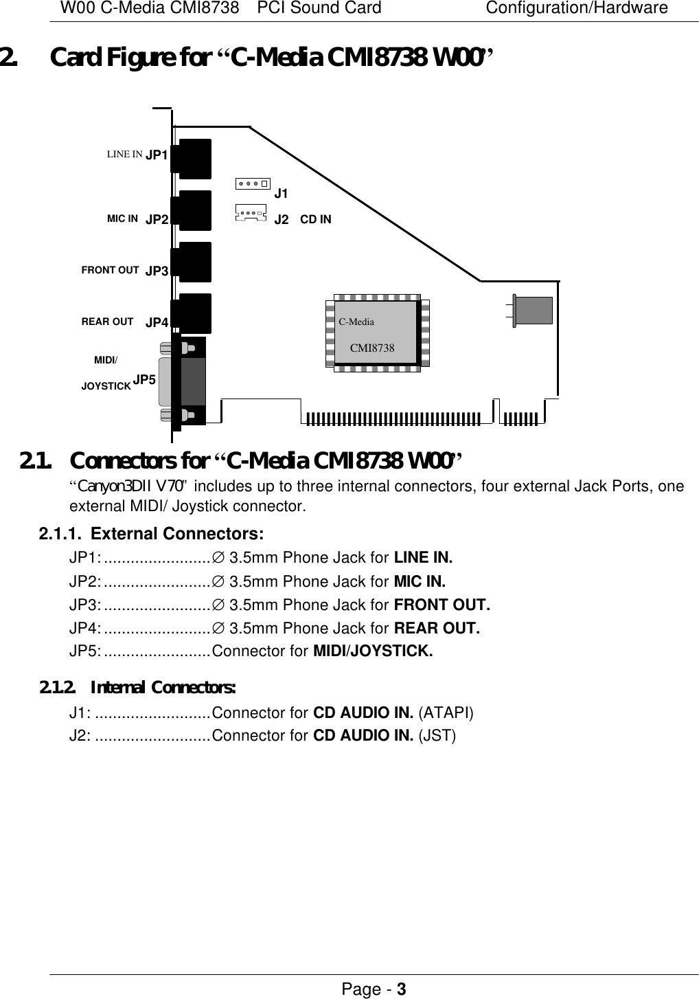 W00 C-Media CMI8738  PCI Sound Card Configuration/Hardware Page - 3  2. Card Figure for “C-Media CMI8738 W00”  JP2 llllllllllllllllllllllllllllllllll lllllll REAR OUT MIC IN MIDI/ JOYSTICK FRONT OUT  CD IN JP3 JP4 JP5 J2 J1 LINE IN JP1 C-Media   CMI8738  2.1. Connectors for “C-Media CMI8738 W00” “Canyon3DII V70” includes up to three internal connectors, four external Jack Ports, one external MIDI/ Joystick connector. 2.1.1. External Connectors: JP1:........................∅ 3.5mm Phone Jack for LINE IN. JP2:........................∅ 3.5mm Phone Jack for MIC IN. JP3:........................∅ 3.5mm Phone Jack for FRONT OUT. JP4:........................∅ 3.5mm Phone Jack for REAR OUT. JP5:........................Connector for MIDI/JOYSTICK. 2.1.2. Internal Connectors: J1: ..........................Connector for CD AUDIO IN. (ATAPI) J2: ..........................Connector for CD AUDIO IN. (JST)   