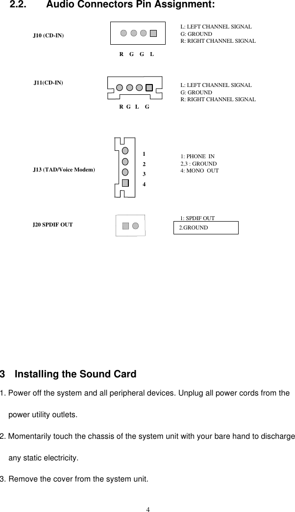  42.2. Audio Connectors Pin Assignment:  L: LEFT CHANNEL SIGNAL G: GROUND R: RIGHT CHANNEL SIGNAL L: LEFT CHANNEL SIGNAL G: GROUND R: RIGHT CHANNEL SIGNAL R    G    G    L   R  G   L    G 1:  PHONE  IN 2,3 : GROUND 4:  MONO  OUT J10 (CD-IN)  J11(CD-IN)   J13 (TAD/Voice Modem) J20 SPDIF OUT 1: SPDIF OUT  1    2  3  4 2.GROUND    3 Installing the Sound Card 1. Power off the system and all peripheral devices. Unplug all power cords from the     power utility outlets. 2. Momentarily touch the chassis of the system unit with your bare hand to discharge     any static electricity. 3. Remove the cover from the system unit. 