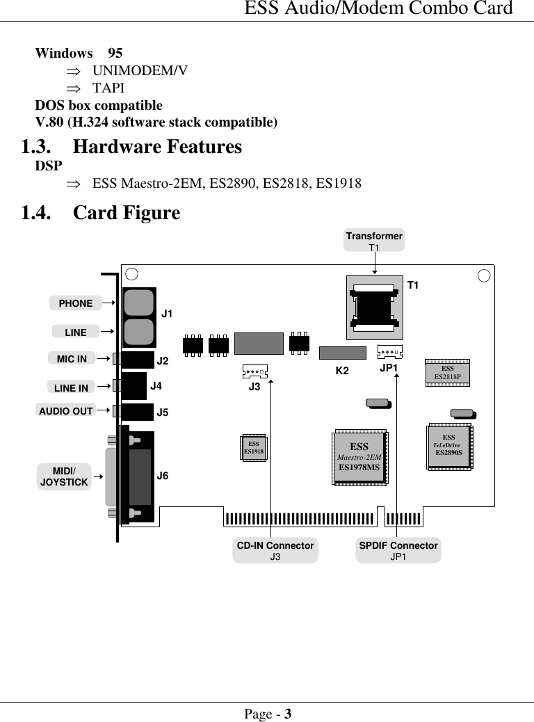 ESS Audio/Modem Combo CardPage - 3  Windows  95&THORN; UNIMODEM/V&THORN; TAPI DOS box compatible V.80 (H.324 software stack compatible)1.3. Hardware Features DSP&THORN; ESS Maestro-2EM, ES2890, ES2818, ES19181.4. Card FigureJ6llllllllllllllllllllllllllllllllllllllllllTransformerT1PHONELINELINE INAUDIO OUTMIC INMIDI/JOYSTICKSPDIF ConnectorJP1ESSTel.eDriveES2890SESSES1918 ESSMaestro-2EMES1978MSESSES2818PJ5J2J1J3K2 JP1T1J4CD-IN ConnectorJ3