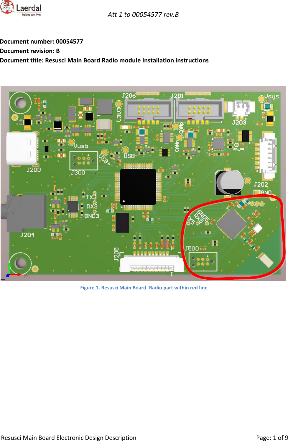   Att 1 to 00054577 rev.B     Resusci Main Board Electronic Design Description     Page: 1 of 9  Document number: 00054577 Document revision: B Document title: Resusci Main Board Radio module Installation instructions    Figure 1. Resusci Main Board. Radio part within red line    