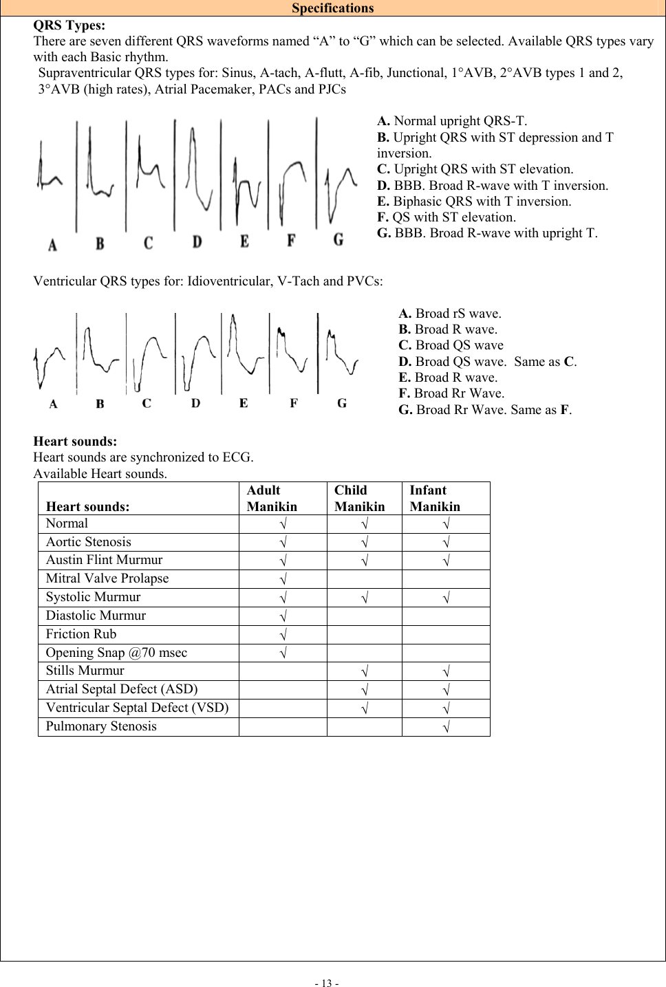     - 13 - Specifications QRS Types: There are seven different QRS waveforms named “A” to “G” which can be selected. Available QRS types vary with each Basic rhythm. Supraventricular QRS types for: Sinus, A-tach, A-flutt, A-fib, Junctional, 1°AVB, 2°AVB types 1 and 2, 3°AVB (high rates), Atrial Pacemaker, PACs and PJCs  A. Normal upright QRS-T. B. Upright QRS with ST depression and T inversion. C. Upright QRS with ST elevation. D. BBB. Broad R-wave with T inversion. E. Biphasic QRS with T inversion.  F. QS with ST elevation. G. BBB. Broad R-wave with upright T.   Ventricular QRS types for: Idioventricular, V-Tach and PVCs:  A. Broad rS wave. B. Broad R wave. C. Broad QS wave D. Broad QS wave.  Same as C. E. Broad R wave.  F. Broad Rr Wave. G. Broad Rr Wave. Same as F.  Heart sounds: Heart sounds are synchronized to ECG. Available Heart sounds.   Heart sounds: Adult Manikin Child Manikin  Infant Manikin  Normal  √ √ √ Aortic Stenosis  √ √ √ Austin Flint Murmur  √ √ √ Mitral Valve Prolapse  √     Systolic Murmur   √ √ √ Diastolic Murmur  √     Friction Rub  √     Opening Snap @70 msec  √     Stills Murmur   √ √ Atrial Septal Defect (ASD)   √ √ Ventricular Septal Defect (VSD)   √ √ Pulmonary Stenosis      √               