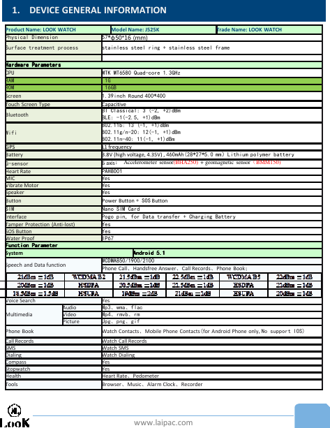 www.laipac.com1. DEVICE GENERAL INFORMATIONProduct Name: LOOK WATCH Model Name: J525K Trade Name: LOOK WATCHPhysical Dimension 57*ф50*16 (mm)Surface treatment process stainless steel ring + stainless steel frameHardwareHardwareHardwareHardware ParametersParametersParametersParametersCPU MTK MT6580 Quad-core 1.3GHzRAM 1GROM 16GBScreen 1.39inch Round 400*400Touch Screen Type CapacitiveBluetooth BT Classical: 3 (-2, +2)dBmBLE: -1(-2.5, +1)dBmWifi802.11b: 13 (-1, +1)dBm802.11g/n-20: 12(-1, +1)dBm802.11n-40: 11(-1, +1)dBmGPS L1 frequencyBattery 3.8V (high voltage, 4.35V) , 460mAh(28*27*5.0 mm）Lithium polymer batteryG-sensor 6 axis：Accelerometer sensor(BHA250)  + geomagnetic sensor（BMM150)Heart Rate PAH8001MIC YesVibrate Motor YesSpeaker YesButton Power Button + SOS ButtonSIM Nano SIM CardInterface Pogo pin, for Data transfer + Charging BatteryTamper Protection (Anti-lost) YesSOS Button YesWater Proof IP67FunctionFunctionFunctionFunction ParameterParameterParameterParameterSystem AndroidAndroidAndroidAndroid 5555....1111Speech and Data function WCDMA850/1900/2100Phone Call、Handsfree Answer、Call Records、Phone Book；Voice Search YesMultimediaAudio Mp3、wma、flacVideo Mp4、rmvb、rmPicture Jpg、png、gifPhone Book Watch Contacts、Mobile Phone Contacts(for Android Phone only,No support IOS)Call Records Watch Call RecordsSMS Watch SMSDialing Watch DialingCompass YesStopwatch YesHealth Heart Rate、PedometerTools Browser、Music、Alarm Clock、Recorder