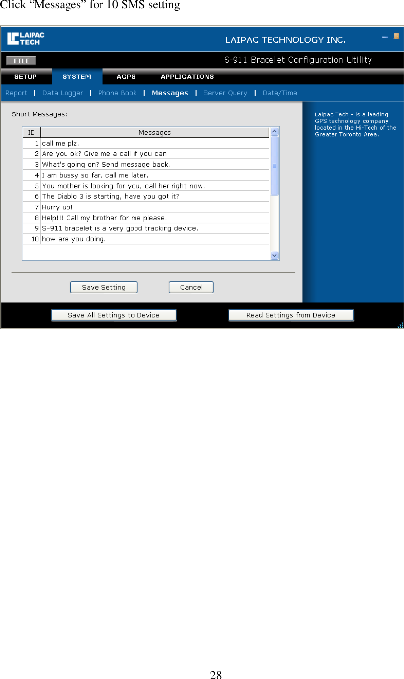   28Click “Messages” for 10 SMS setting                           