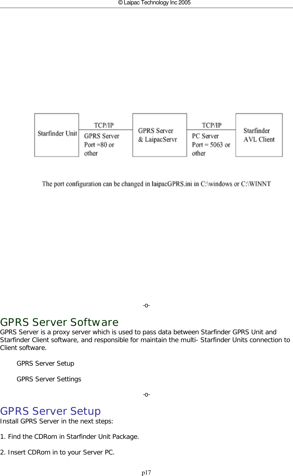 p17© Laipac Technology Inc 2005-o-GPRS Server SoftwareGPRS Server is a proxy server which is used to pass data between Starfinder GPRS Unit andStarfinder Client software, and responsible for maintain the multi- Starfinder Units connection toClient software.        GPRS Server Setup        GPRS Server Settings-o-GPRS Server SetupInstall GPRS Server in the next steps:1. Find the CDRom in Starfinder Unit Package.2. Insert CDRom in to your Server PC.