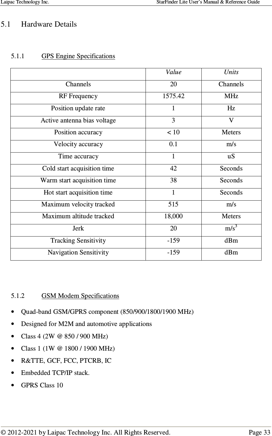 Laipac Technology Inc.                                                                                    StarFinder Lite User’s Manual &amp; Reference Guide  © 2012-2021 by Laipac Technology Inc. All Rights Reserved.                                              Page 33   5.1  Hardware Details    5.1.1  GPS Engine Specifications    Value  Units Channels  20  Channels RF Frequency  1575.42  MHz Position update rate  1  Hz Active antenna bias voltage  3  V Position accuracy  &lt; 10  Meters Velocity accuracy  0.1  m/s Time accuracy  1  uS Cold start acquisition time  42  Seconds Warm start acquisition time  38  Seconds Hot start acquisition time  1  Seconds Maximum velocity tracked  515  m/s Maximum altitude tracked  18,000  Meters Jerk  20  m/s3 Tracking Sensitivity  -159  dBm Navigation Sensitivity  -159  dBm     5.1.2  GSM Modem Specifications  • Quad-band GSM/GPRS component (850/900/1800/1900 MHz) • Designed for M2M and automotive applications • Class 4 (2W @ 850 / 900 MHz) • Class 1 (1W @ 1800 / 1900 MHz) • R&amp;TTE, GCF, FCC, PTCRB, IC • Embedded TCP/IP stack. • GPRS Class 10   