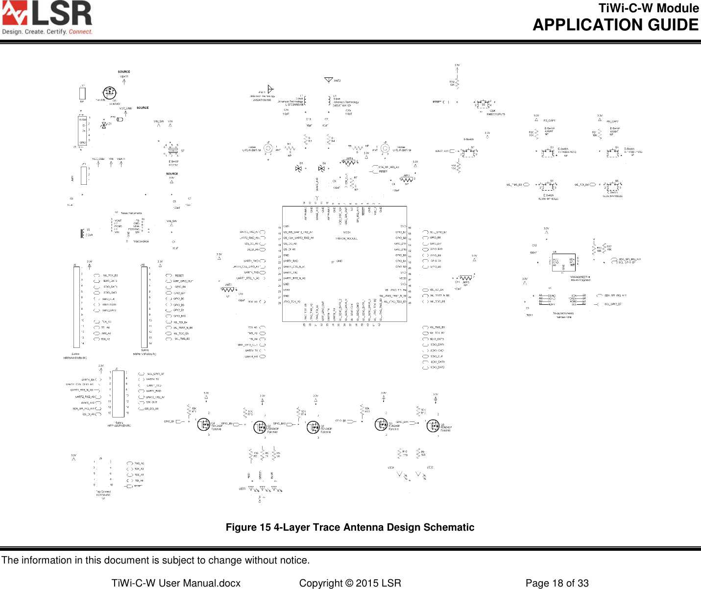 TiWi-C-W Module       APPLICATION GUIDE  The information in this document is subject to change without notice.  TiWi-C-W User Manual.docx  Copyright © 2015 LSR  Page 18 of 33  Figure 15 4-Layer Trace Antenna Design Schematic 