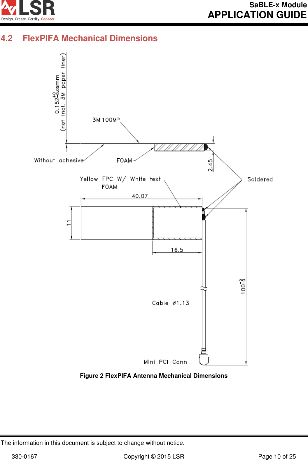 SaBLE-x Module       APPLICATION GUIDE  The information in this document is subject to change without notice.  330-0167  Copyright © 2015 LSR  Page 10 of 25 4.2  FlexPIFA Mechanical Dimensions  Figure 2 FlexPIFA Antenna Mechanical Dimensions  