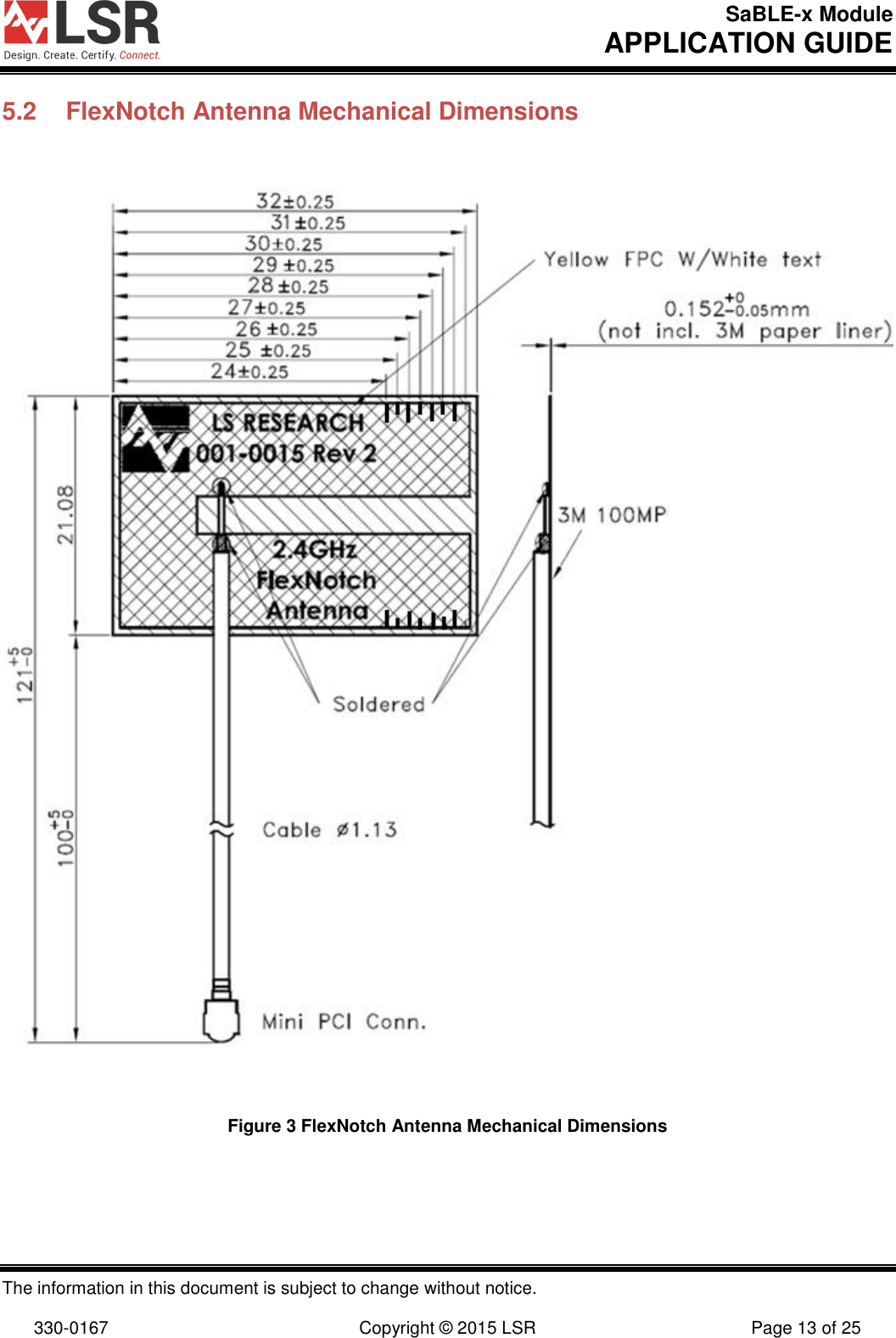 SaBLE-x Module       APPLICATION GUIDE  The information in this document is subject to change without notice.  330-0167  Copyright © 2015 LSR  Page 13 of 25 5.2  FlexNotch Antenna Mechanical Dimensions   Figure 3 FlexNotch Antenna Mechanical Dimensions    