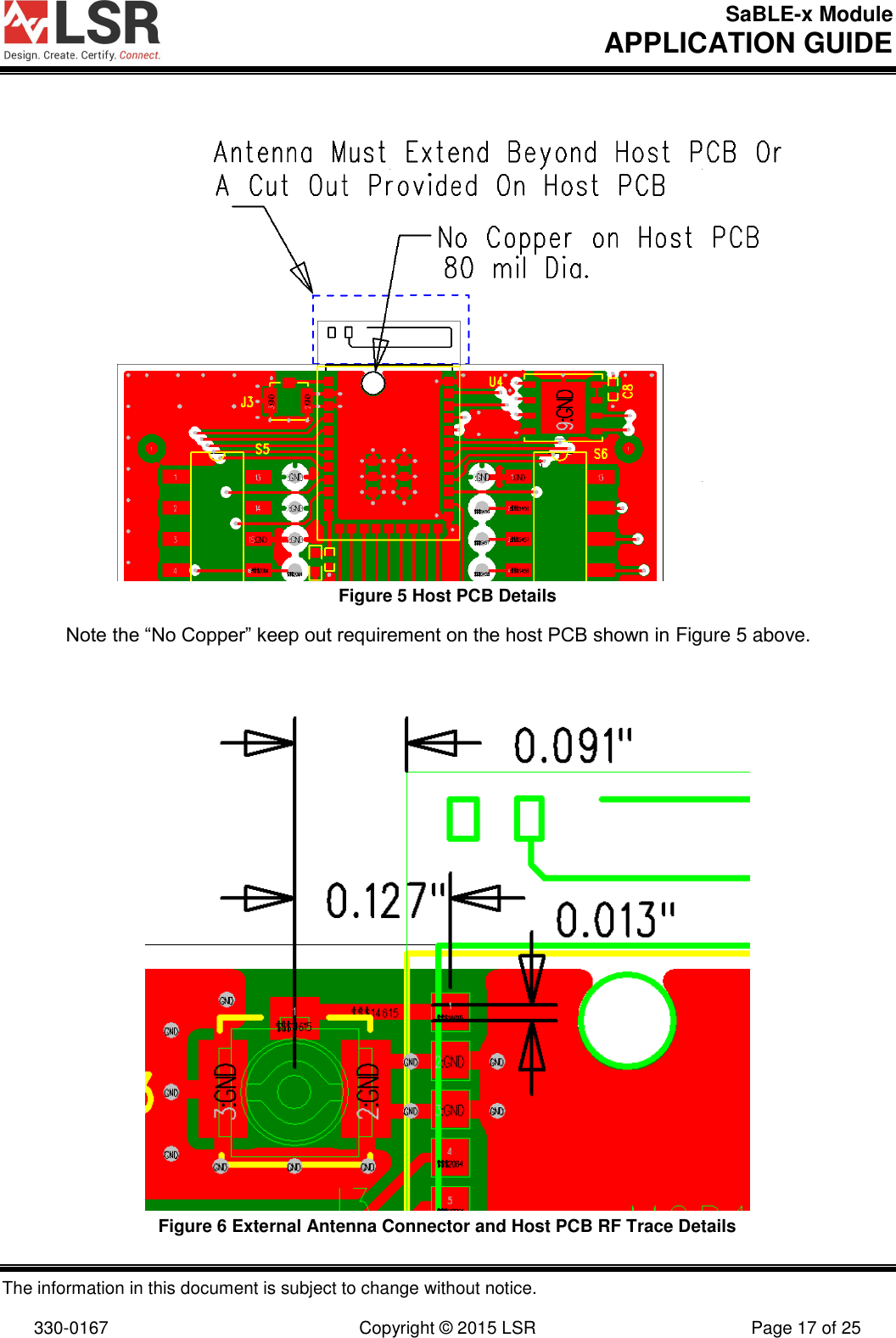 SaBLE-x Module       APPLICATION GUIDE  The information in this document is subject to change without notice.  330-0167  Copyright © 2015 LSR  Page 17 of 25   Figure 5 Host PCB Details Note the “No Copper” keep out requirement on the host PCB shown in Figure 5 above.   Figure 6 External Antenna Connector and Host PCB RF Trace Details 