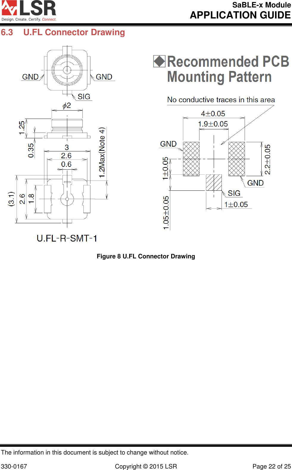 SaBLE-x Module       APPLICATION GUIDE  The information in this document is subject to change without notice.  330-0167  Copyright © 2015 LSR  Page 22 of 25 6.3  U.FL Connector Drawing  Figure 8 U.FL Connector Drawing 