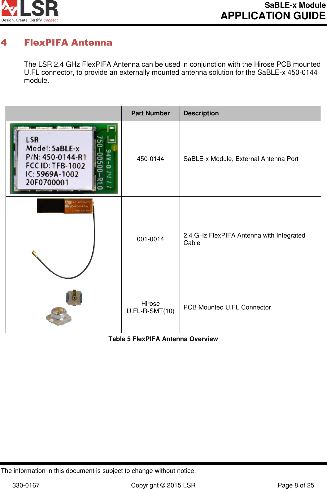 SaBLE-x Module       APPLICATION GUIDE  The information in this document is subject to change without notice.  330-0167  Copyright © 2015 LSR  Page 8 of 25 4 FlexPIFA Antenna The LSR 2.4 GHz FlexPIFA Antenna can be used in conjunction with the Hirose PCB mounted U.FL connector, to provide an externally mounted antenna solution for the SaBLE-x 450-0144 module.   Part Number Description  450-0144 SaBLE-x Module, External Antenna Port  001-0014 2.4 GHz FlexPIFA Antenna with Integrated Cable  Hirose  U.FL-R-SMT(10) PCB Mounted U.FL Connector Table 5 FlexPIFA Antenna Overview   