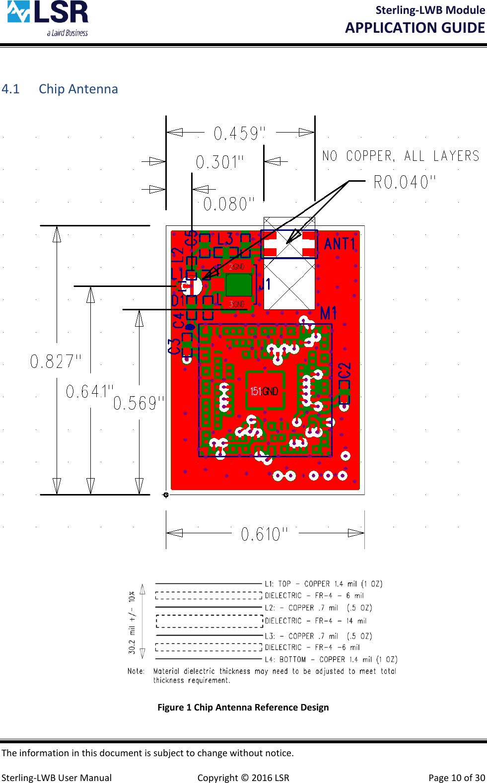 Sterling-LWB Module       APPLICATION GUIDE  The information in this document is subject to change without notice.  Sterling-LWB User Manual  Copyright © 2016 LSR  Page 10 of 30  4.1 Chip Antenna   Figure 1 Chip Antenna Reference Design