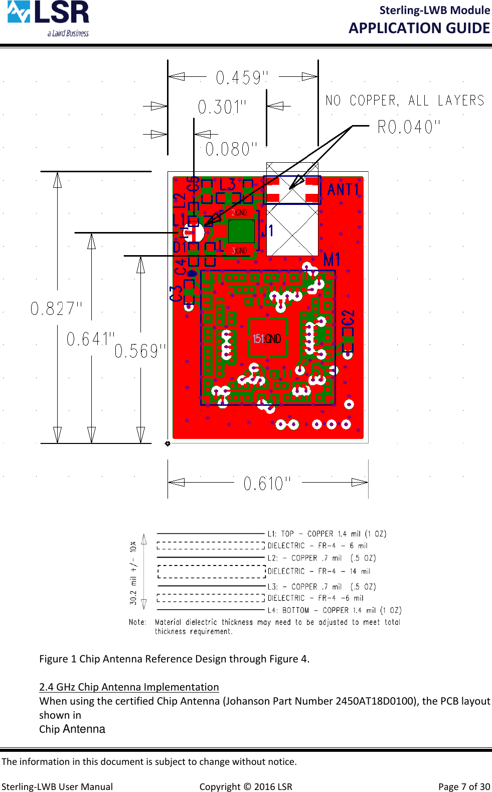 Sterling-LWB Module       APPLICATION GUIDE  The information in this document is subject to change without notice.  Sterling-LWB User Manual  Copyright © 2016 LSR  Page 7 of 30   Figure 1 Chip Antenna Reference Design through Figure 4.  2.4 GHz Chip Antenna Implementation When using the certified Chip Antenna (Johanson Part Number 2450AT18D0100), the PCB layout shown in  Chip Antenna 
