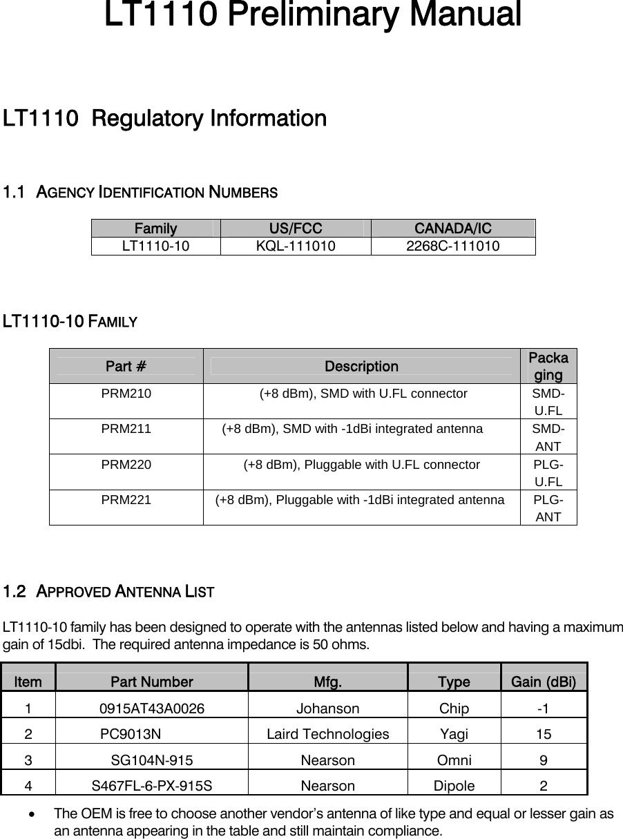 LT1110 Preliminary Manual   LT1110  Regulatory Information  1.1 AGENCY IDENTIFICATION NUMBERS Family   US/FCC  CANADA/IC LT1110-10 KQL-111010  2268C-111010  LT1110-10 FAMILY  Part #  Description  Packaging PRM210  (+8 dBm), SMD with U.FL connector SMD-U.FLPRM211    (+8 dBm), SMD with -1dBi integrated antenna  SMD-ANTPRM220 (+8 dBm), Pluggable with U.FL connector PLG-U.FLPRM221 (+8 dBm), Pluggable with -1dBi integrated antenna  PLG-ANT 1.2 APPROVED ANTENNA LIST LT1110-10 family has been designed to operate with the antennas listed below and having a maximum gain of 15dbi.  The required antenna impedance is 50 ohms. Item  Part Number  Mfg.  Type  Gain (dBi) 1 0915AT43A0026  Johanson  Chip -1 2 PC9013N  Laird Technologies Yagi 15 3 SG104N-915  Nearson  Omni 9 4 S467FL-6-PX-915S  Nearson  Dipole  2 •  The OEM is free to choose another vendor’s antenna of like type and equal or lesser gain as an antenna appearing in the table and still maintain compliance.  