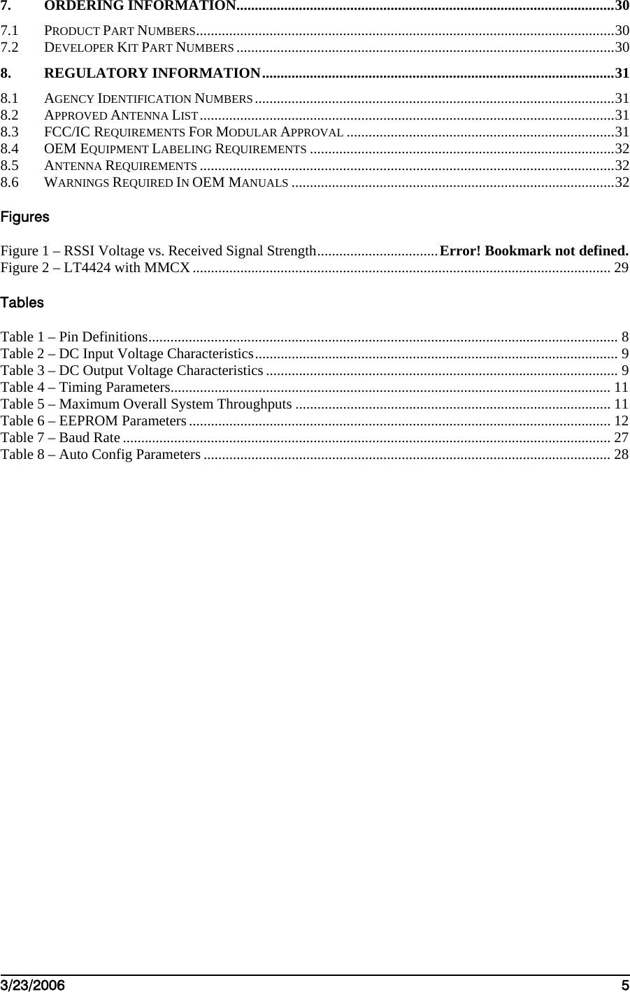    3/23/2006   5  7. ORDERING INFORMATION.......................................................................................................30 7.1 PRODUCT PART NUMBERS..................................................................................................................30 7.2 DEVELOPER KIT PART NUMBERS .......................................................................................................30 8. REGULATORY INFORMATION................................................................................................31 8.1 AGENCY IDENTIFICATION NUMBERS ..................................................................................................31 8.2 APPROVED ANTENNA LIST.................................................................................................................31 8.3 FCC/IC REQUIREMENTS FOR MODULAR APPROVAL .........................................................................31 8.4 OEM EQUIPMENT LABELING REQUIREMENTS ...................................................................................32 8.5 ANTENNA REQUIREMENTS .................................................................................................................32 8.6 WARNINGS REQUIRED IN OEM MANUALS ........................................................................................32  Figures  Figure 1 – RSSI Voltage vs. Received Signal Strength.................................Error! Bookmark not defined. Figure 2 – LT4424 with MMCX.................................................................................................................. 29 Tables Table 1 – Pin Definitions................................................................................................................................ 8 Table 2 – DC Input Voltage Characteristics................................................................................................... 9 Table 3 – DC Output Voltage Characteristics ................................................................................................ 9 Table 4 – Timing Parameters........................................................................................................................ 11 Table 5 – Maximum Overall System Throughputs ...................................................................................... 11 Table 6 – EEPROM Parameters................................................................................................................... 12 Table 7 – Baud Rate ..................................................................................................................................... 27 Table 8 – Auto Config Parameters ............................................................................................................... 28 