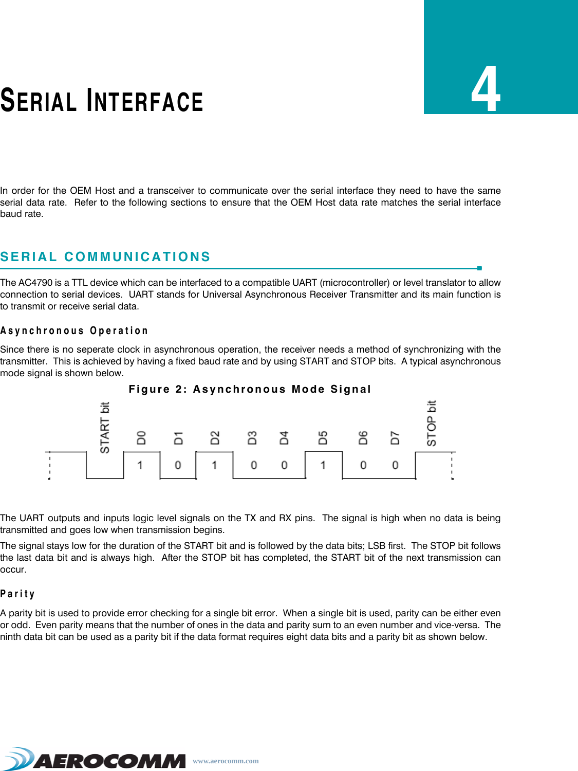 www.aerocomm.comSERIAL INTERFACE4In order for the OEM Host and a transceiver to communicate over the serial interface they need to have the sameserial data rate.  Refer to the following sections to ensure that the OEM Host data rate matches the serial interfacebaud rate.SERIAL COMMUNICATIONSThe AC4790 is a TTL device which can be interfaced to a compatible UART (microcontroller) or level translator to allowconnection to serial devices.  UART stands for Universal Asynchronous Receiver Transmitter and its main function isto transmit or receive serial data.Asynchronous OperationSince there is no seperate clock in asynchronous operation, the receiver needs a method of synchronizing with thetransmitter.  This is achieved by having a fixed baud rate and by using START and STOP bits.  A typical asynchronousmode signal is shown below.Figure 2: Asynchronous Mode SignalThe UART outputs and inputs logic level signals on the TX and RX pins.  The signal is high when no data is beingtransmitted and goes low when transmission begins.The signal stays low for the duration of the START bit and is followed by the data bits; LSB first.  The STOP bit followsthe last data bit and is always high.  After the STOP bit has completed, the START bit of the next transmission canoccur.ParityA parity bit is used to provide error checking for a single bit error.  When a single bit is used, parity can be either evenor odd.  Even parity means that the number of ones in the data and parity sum to an even number and vice-versa.  Theninth data bit can be used as a parity bit if the data format requires eight data bits and a parity bit as shown below.